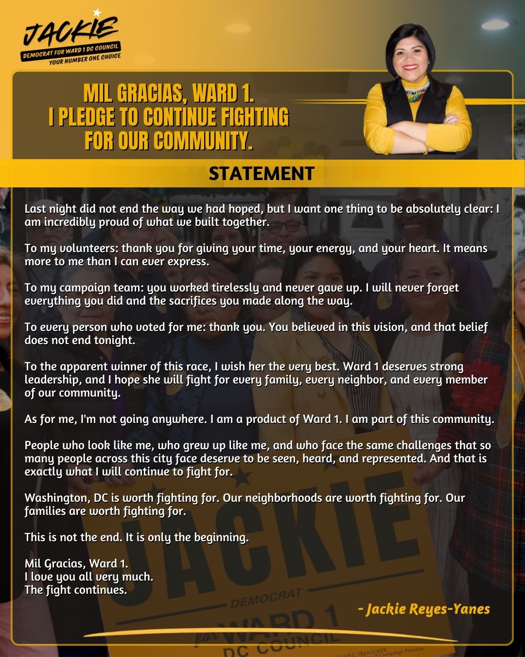 Jackie Reyes-Yanes statement to Ward 1